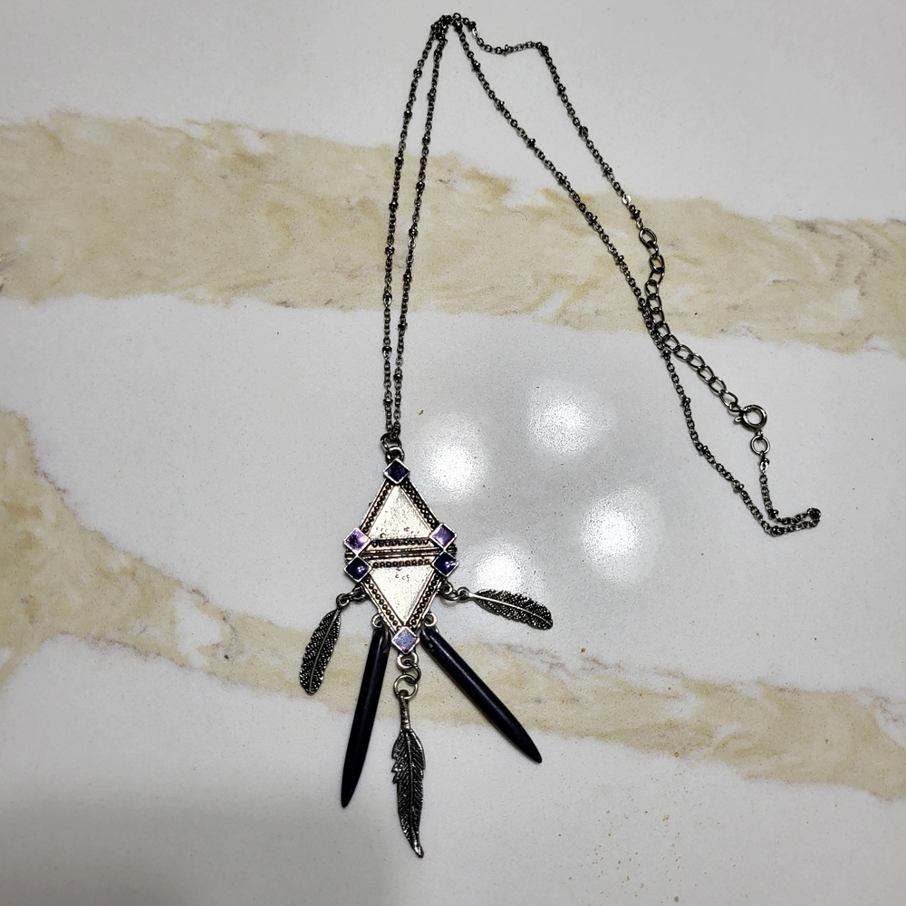 Silver-Tone Blue Accent Feather Pendant Necklace
